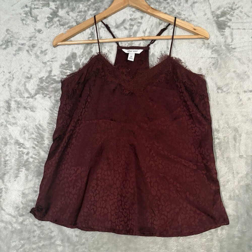 Nine West Burgundy Red Satin Leopard Print Lace Trim Cami Tank Top Size XS Y2K
